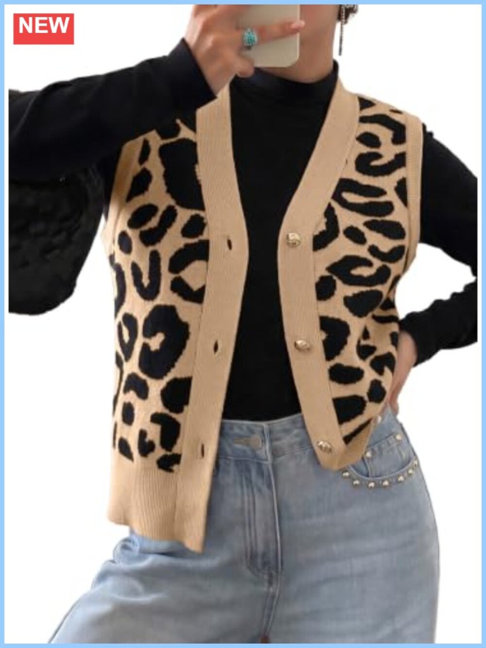 V Neck Leopard Print Sweater Vest Button Up Sleeveless Knit Cardigan